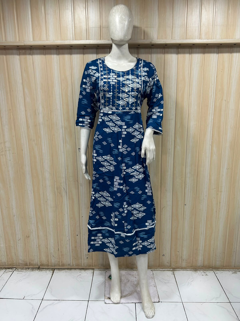 Royal Blue Rayon 1-Piece Round Kurti with Printed Design and Embroidered Yoke