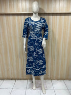 Royal Blue Rayon 1-Piece Round Kurti with Printed Design and Embroidered Yoke