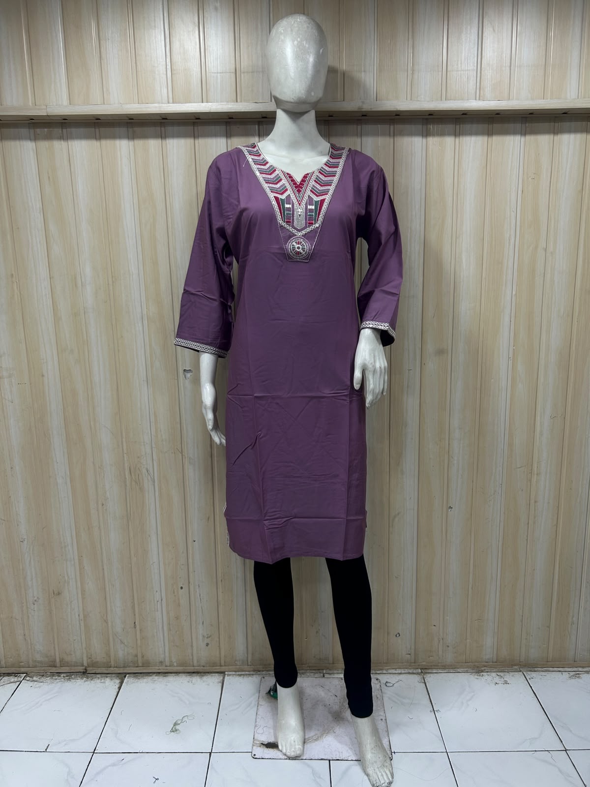 Dusty Mauve Cotton Embroidered Long Kurti for Women