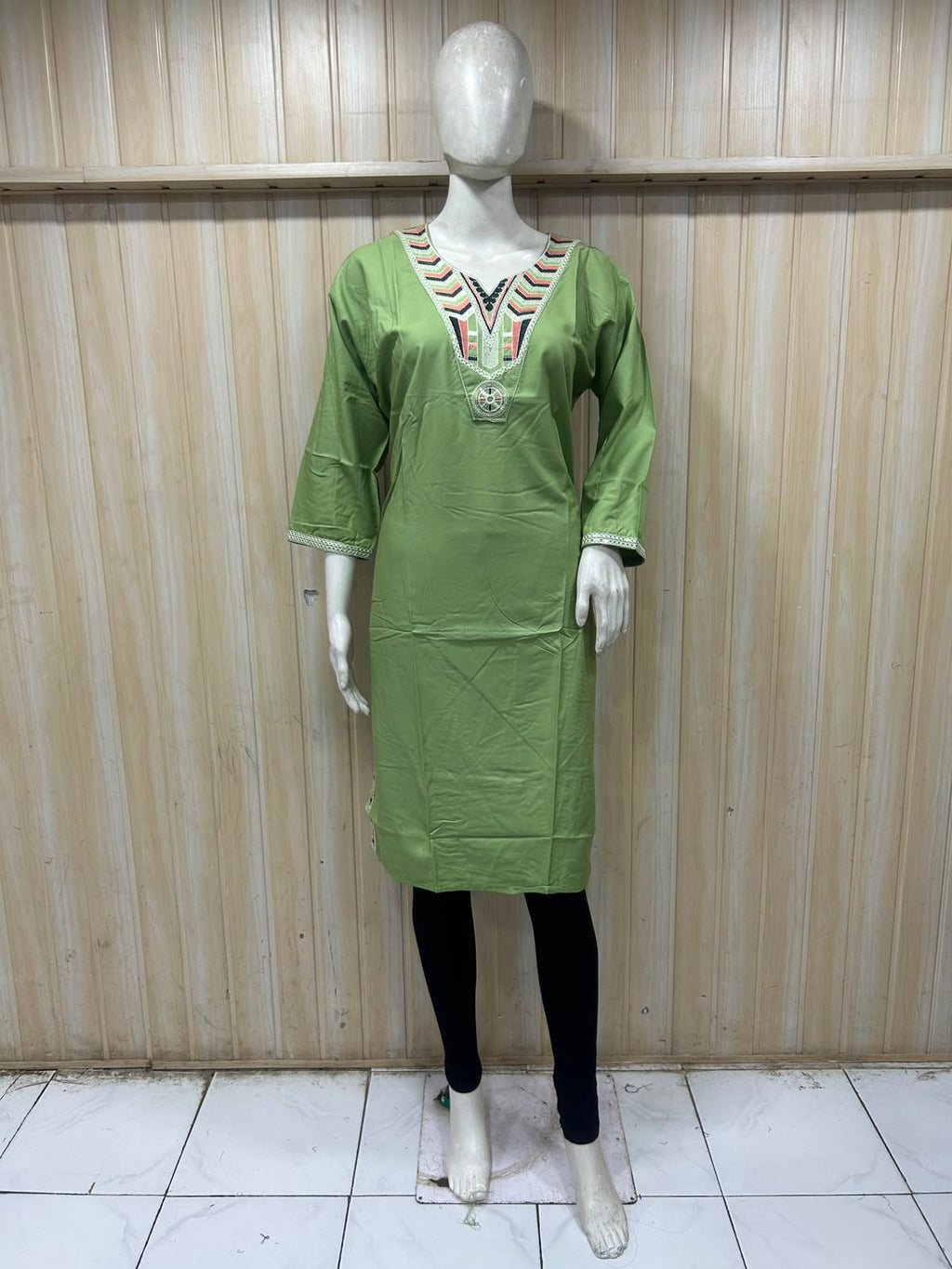 Light Green Cotton Embroidered Long Kurti for Women
