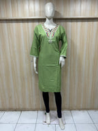 Light Green Cotton Embroidered Long Kurti for Women