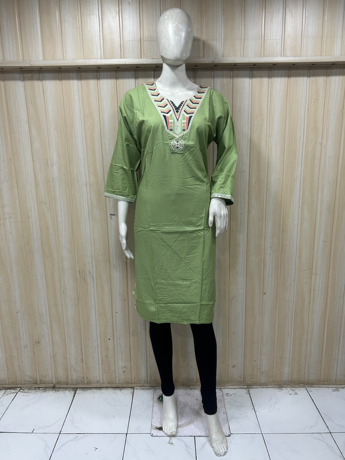 Light Green Cotton Embroidered Long Kurti for Women