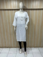 White Cotton Embroidered Long Kurti for Women