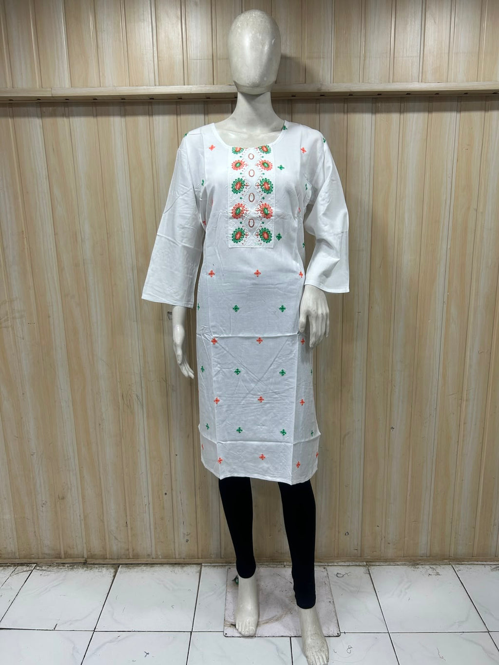 White Cotton Floral Embroidered Long Kurti for Women