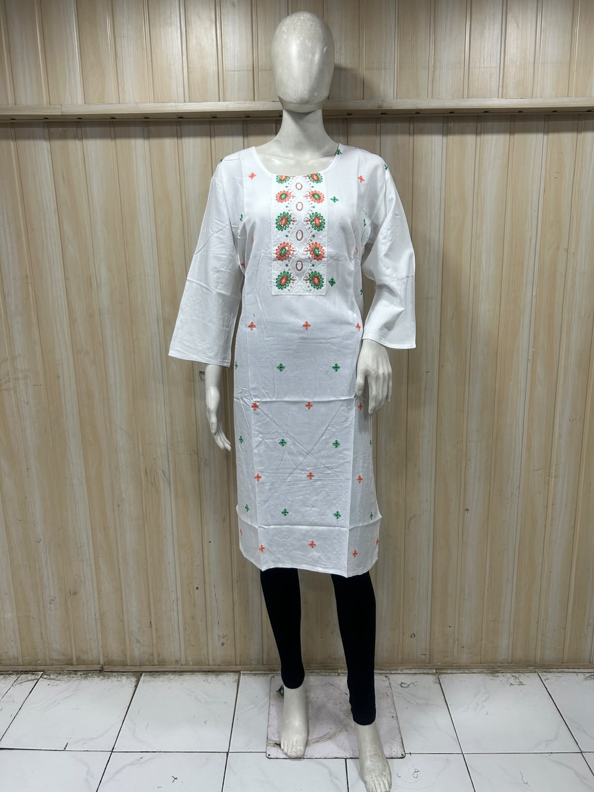White Cotton Floral Embroidered Long Kurti for Women