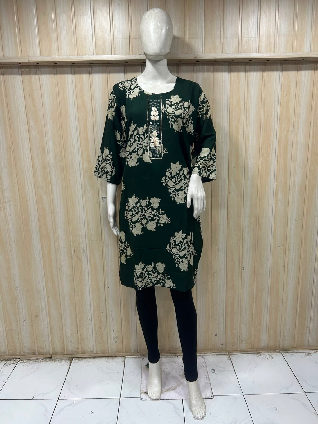 Dark Green Cotton Floral Print Long Kurti for Women