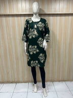 Dark Green Cotton Floral Print Long Kurti for Women