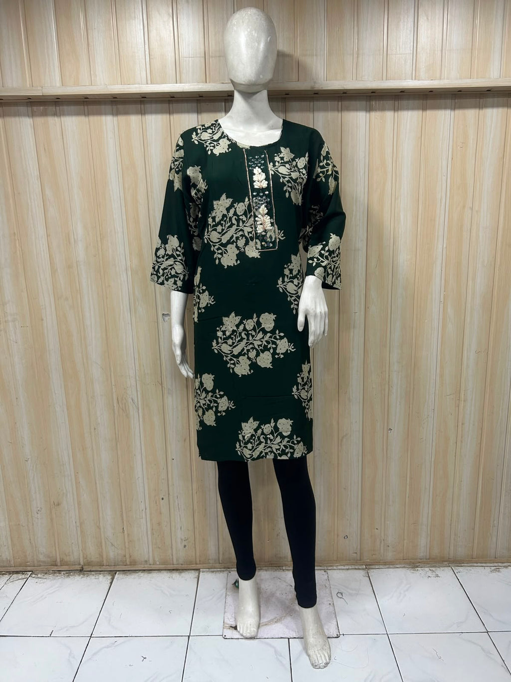 Dark Green Cotton Floral Print Long Kurti for Women