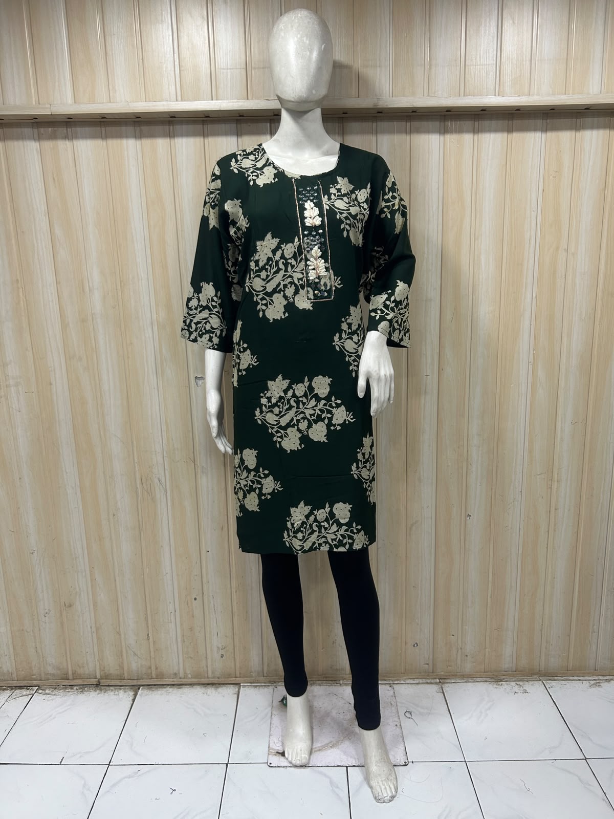 Dark Green Cotton Floral Print Long Kurti for Women