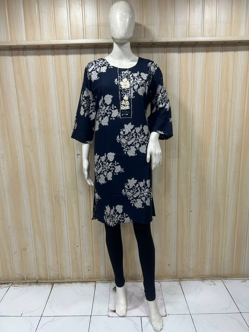 Navy Blue Cotton Floral Print Long Kurti for Women