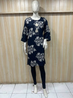Navy Blue Cotton Floral Print Long Kurti for Women