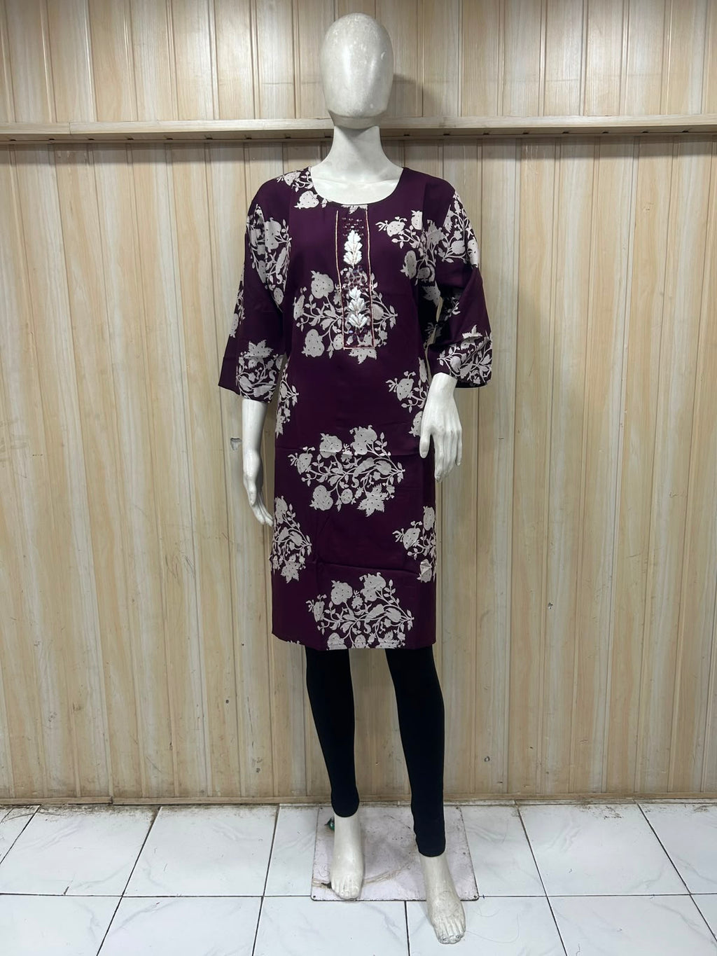 Deep Plum Cotton Floral Print Long Kurti for Women