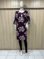 Deep Plum Cotton Floral Print Long Kurti for Women