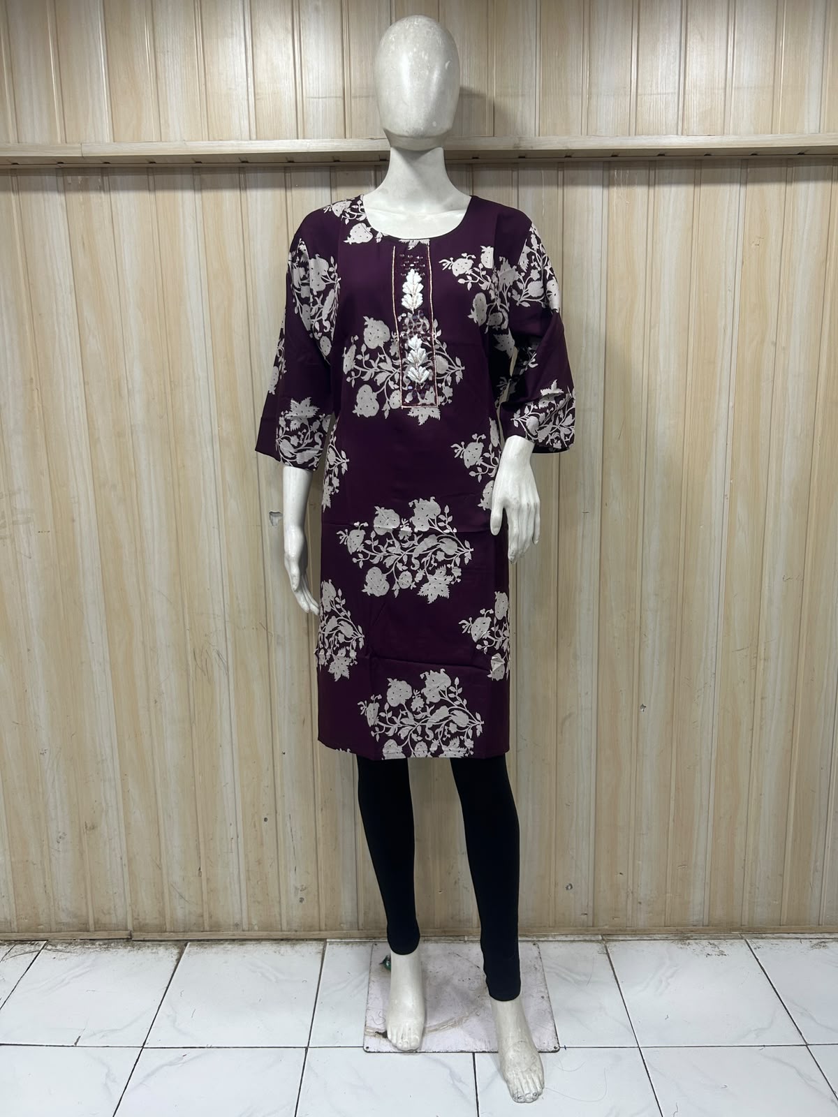 Deep Plum Cotton Floral Print Long Kurti for Women