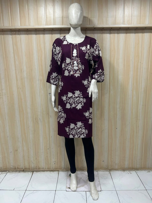 Deep Plum Cotton Floral Print Long Kurti for Women