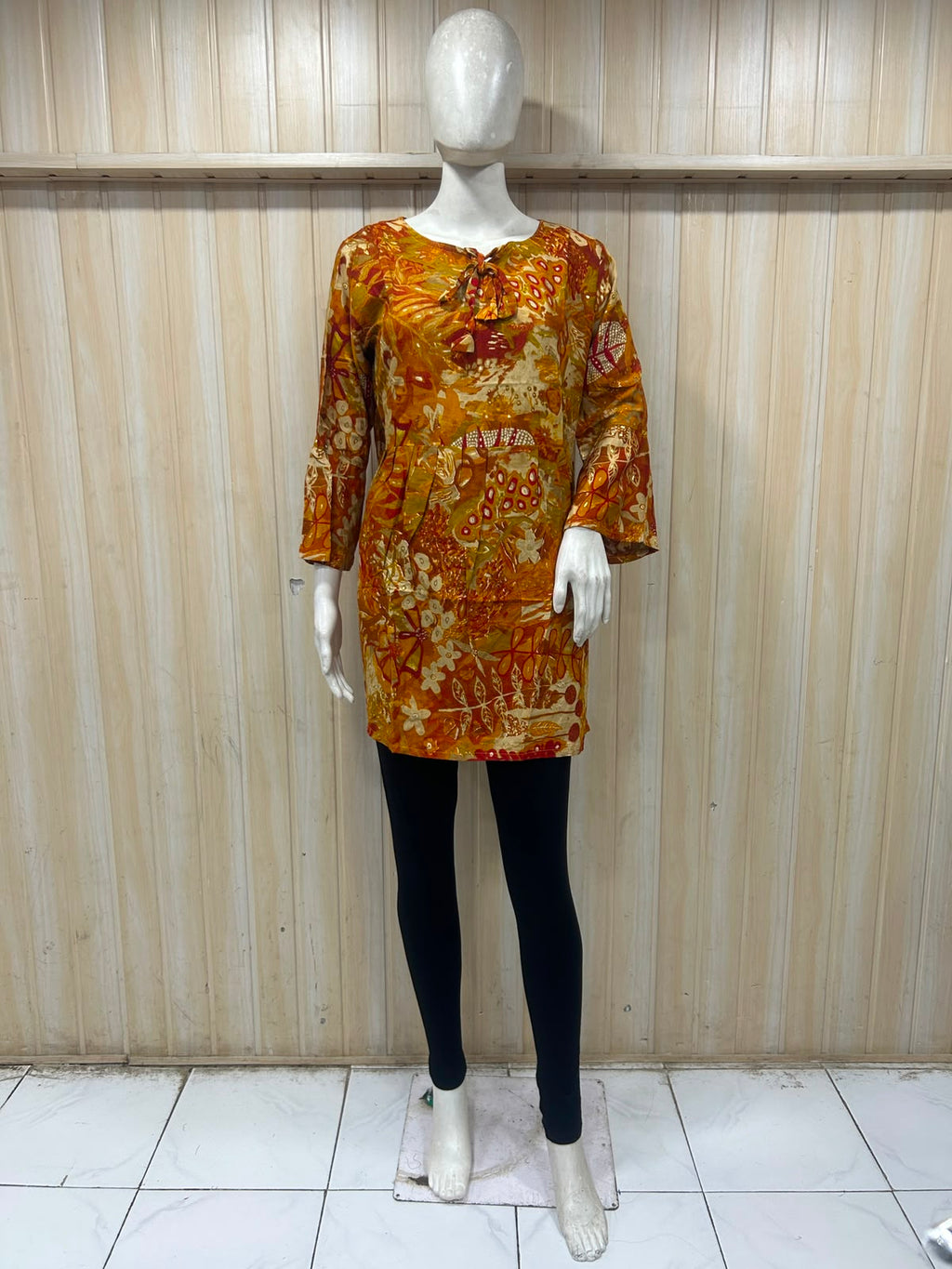 Mustard Cotton Abstract Print Short Kurti for Women