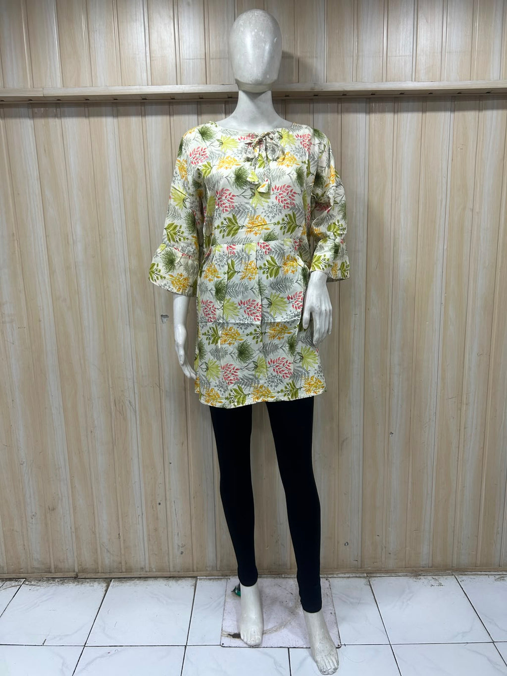 Cream Cotton Botanical Print Short Kurti for Women