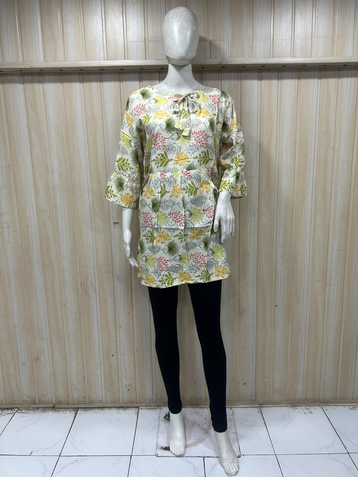 Cream Cotton Botanical Print Short Kurti for Women