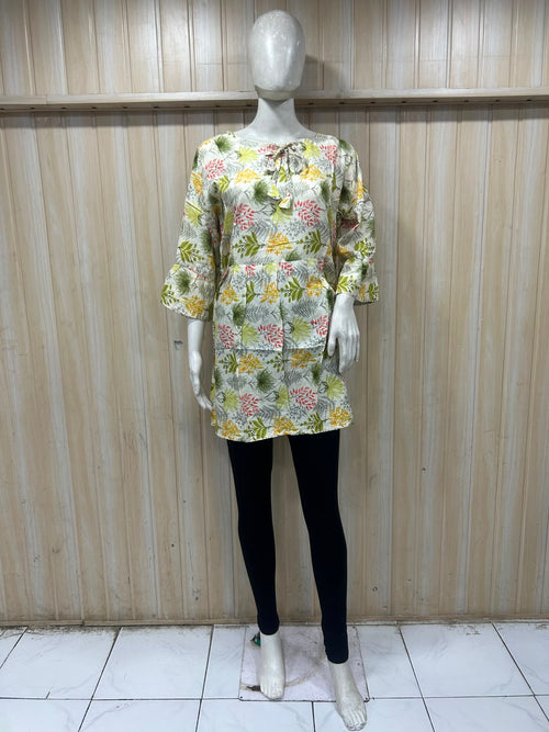 Cream Cotton Botanical Print Short Kurti for Women