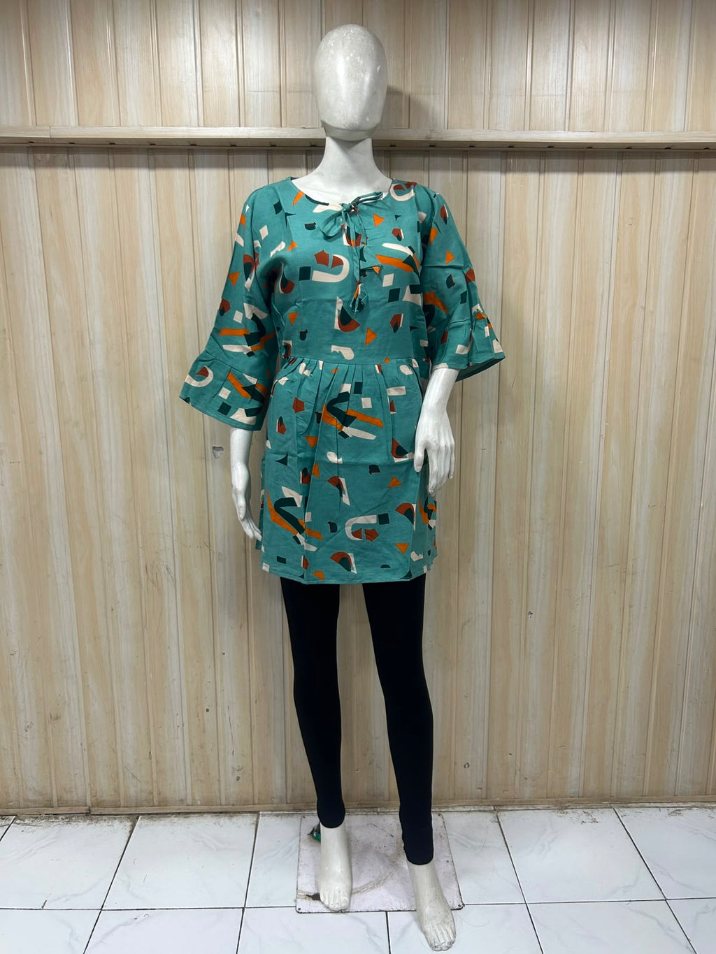 Sea Green Cotton Abstract Print Short Kurti for Women