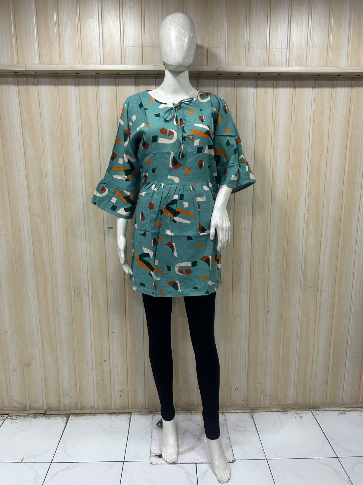 Sea Green Cotton Abstract Print Short Kurti for Women