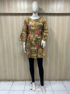 Olive Brown Cotton Floral Print Short Kurti for Women