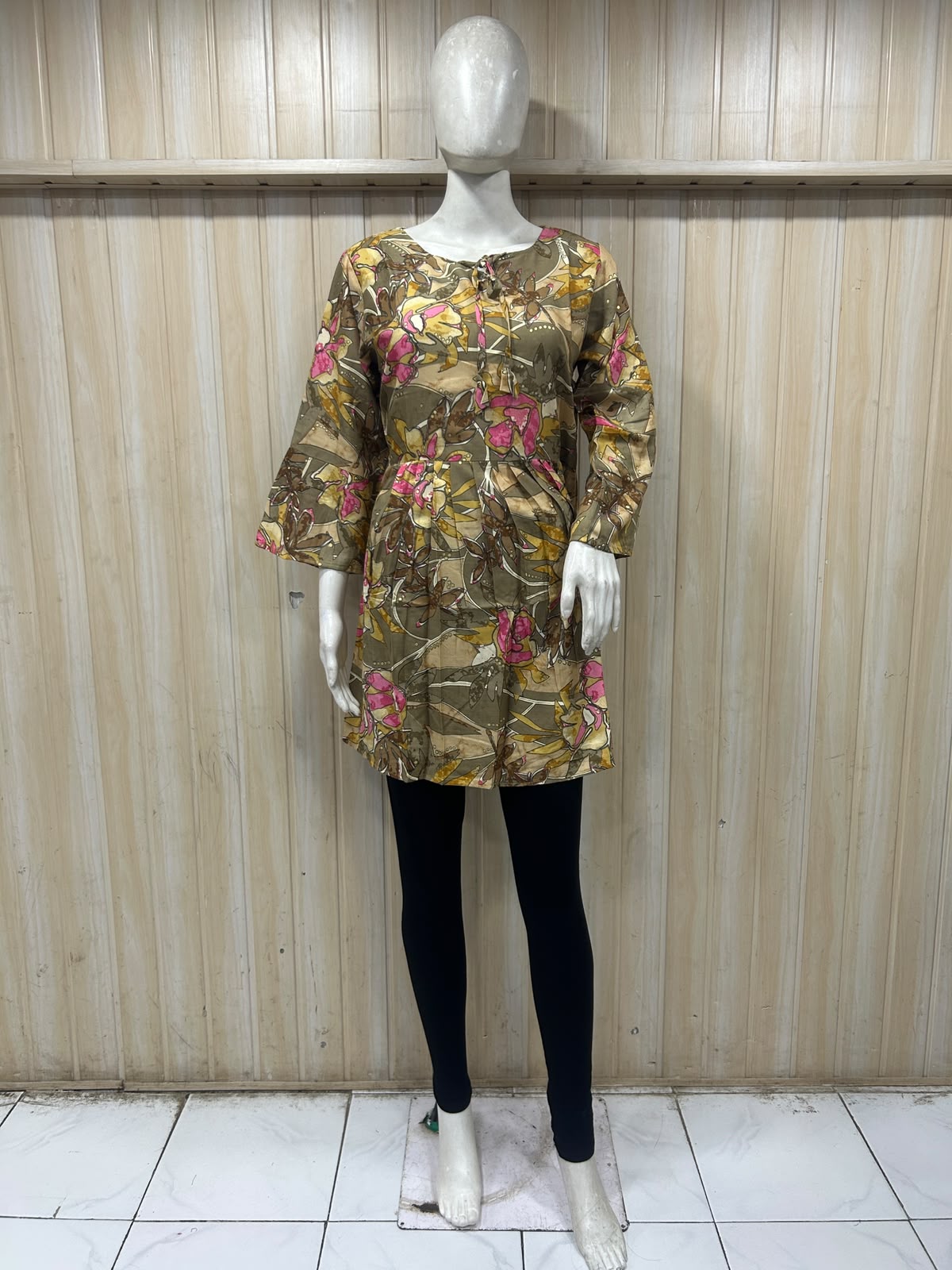 Olive Brown Cotton Floral Print Short Kurti for Women