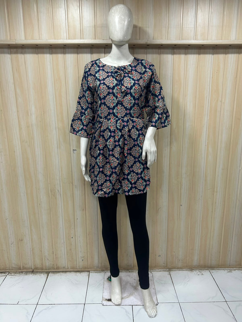 Navy Blue Cotton Floral Print Short Kurti for Women