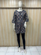 Navy Blue Cotton Floral Print Short Kurti for Women