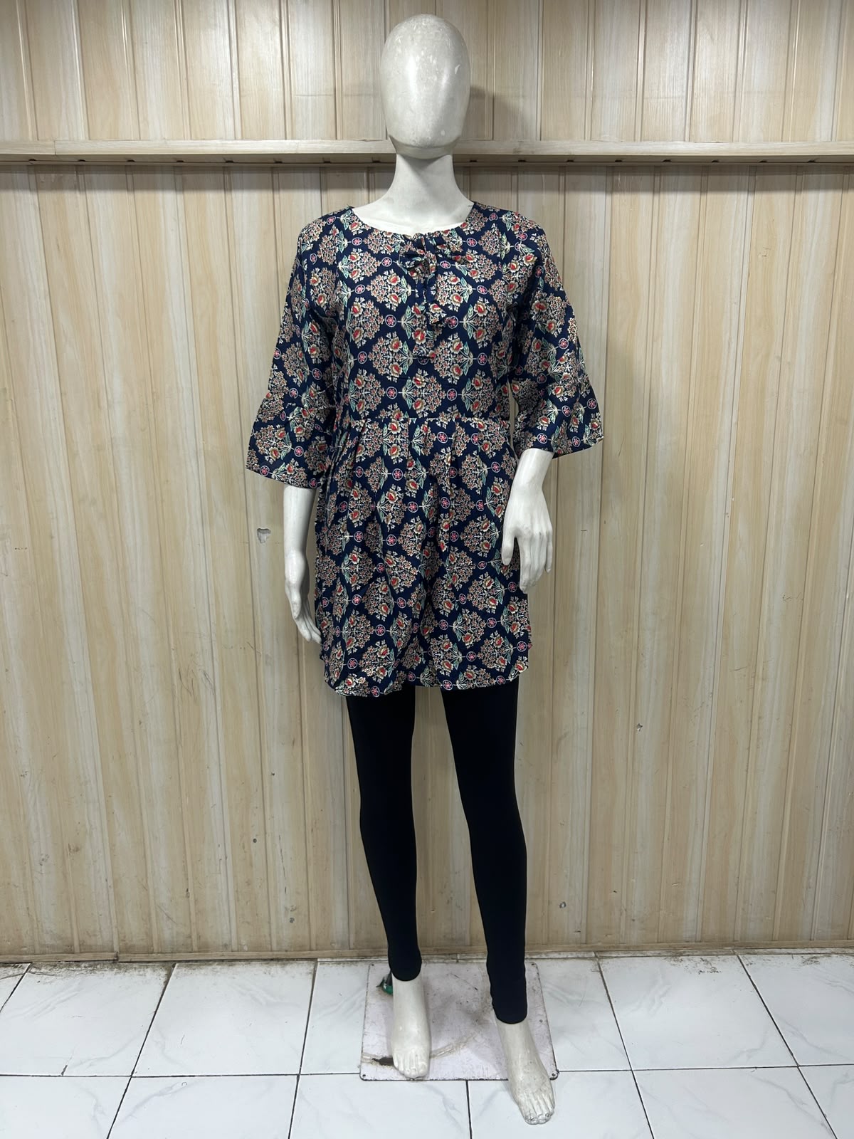Navy Blue Cotton Floral Print Short Kurti for Women