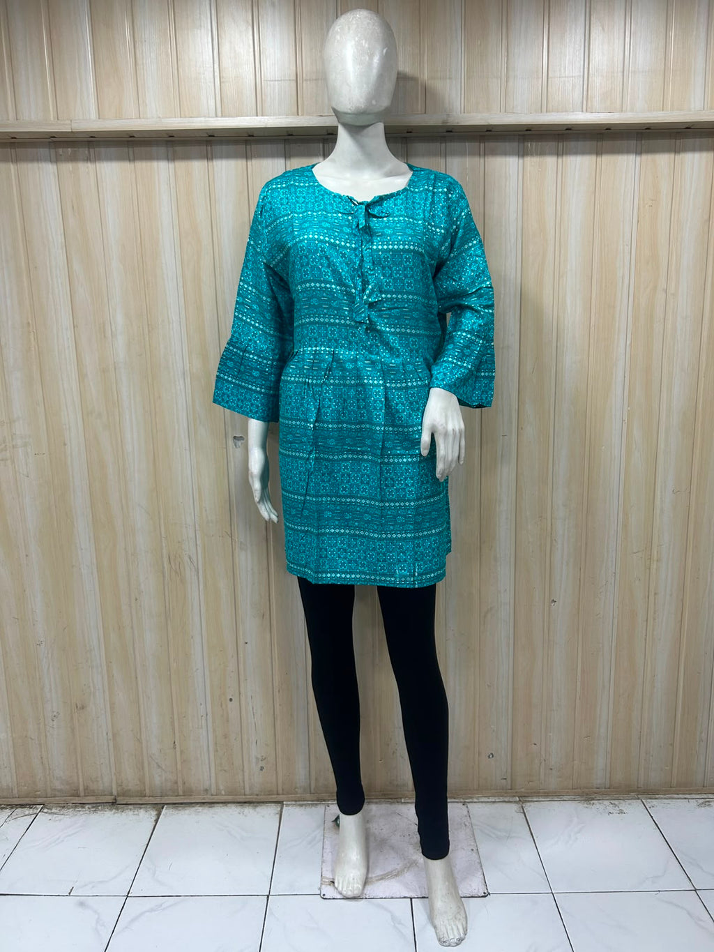 Teal Cotton Printed Short Kurti for Women