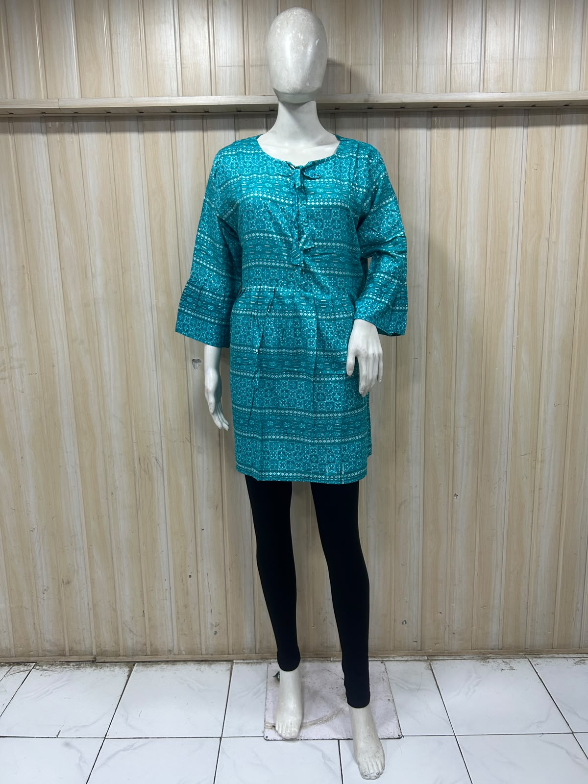 Teal Cotton Printed Short Kurti for Women