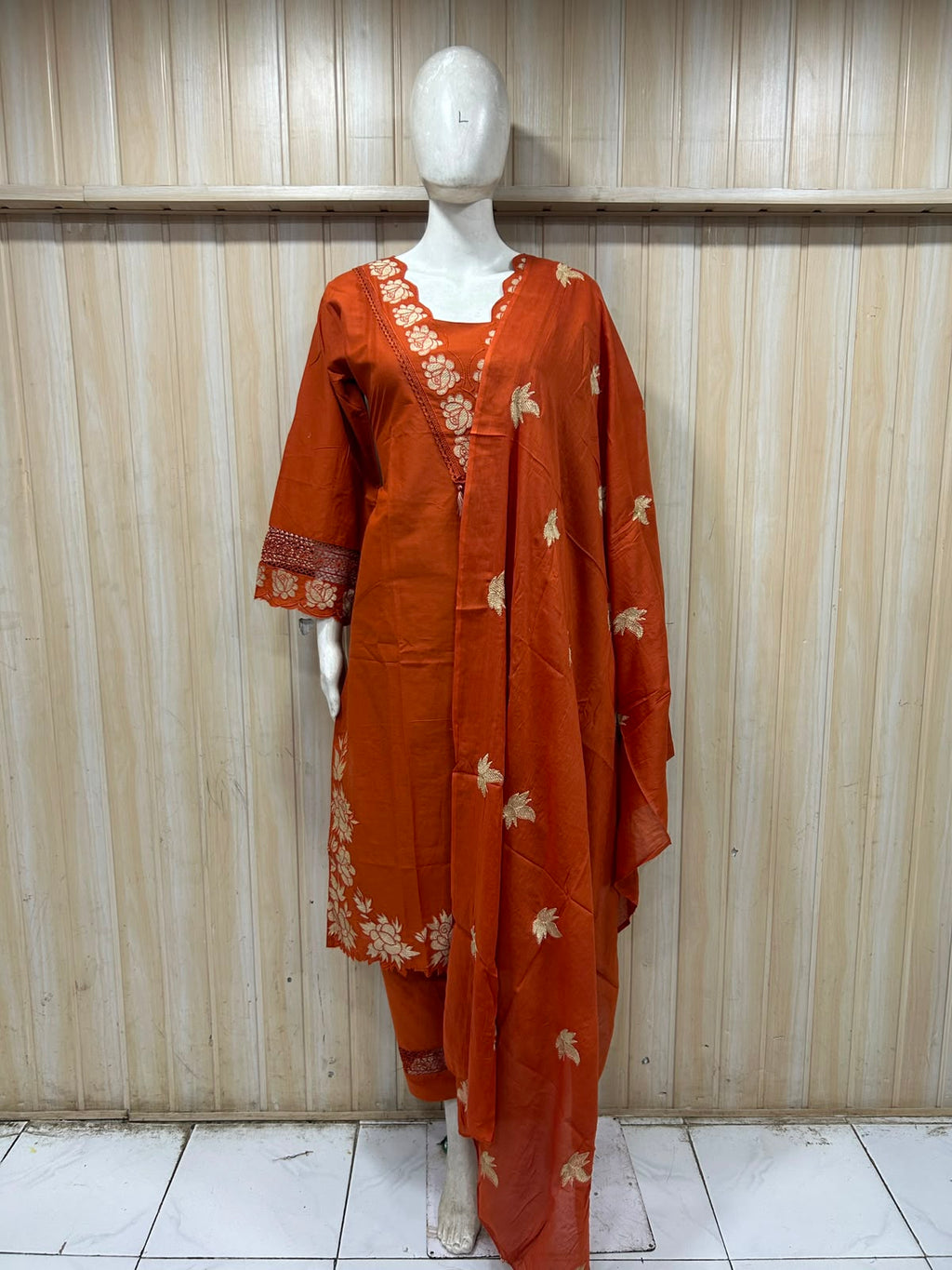 Rust Orange Cotton Hand-Work 3-Piece Set