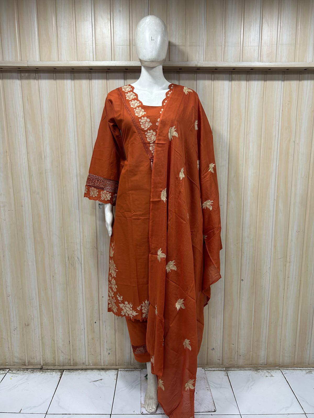 Rust Orange Cotton Hand-Work 3-Piece Set
