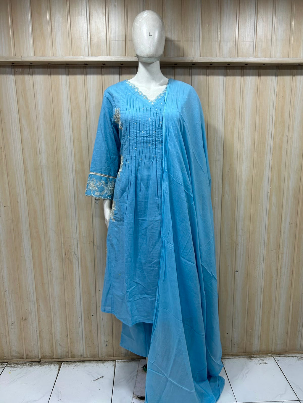 Sky Blue Cotton Embroidered 3-Piece Set