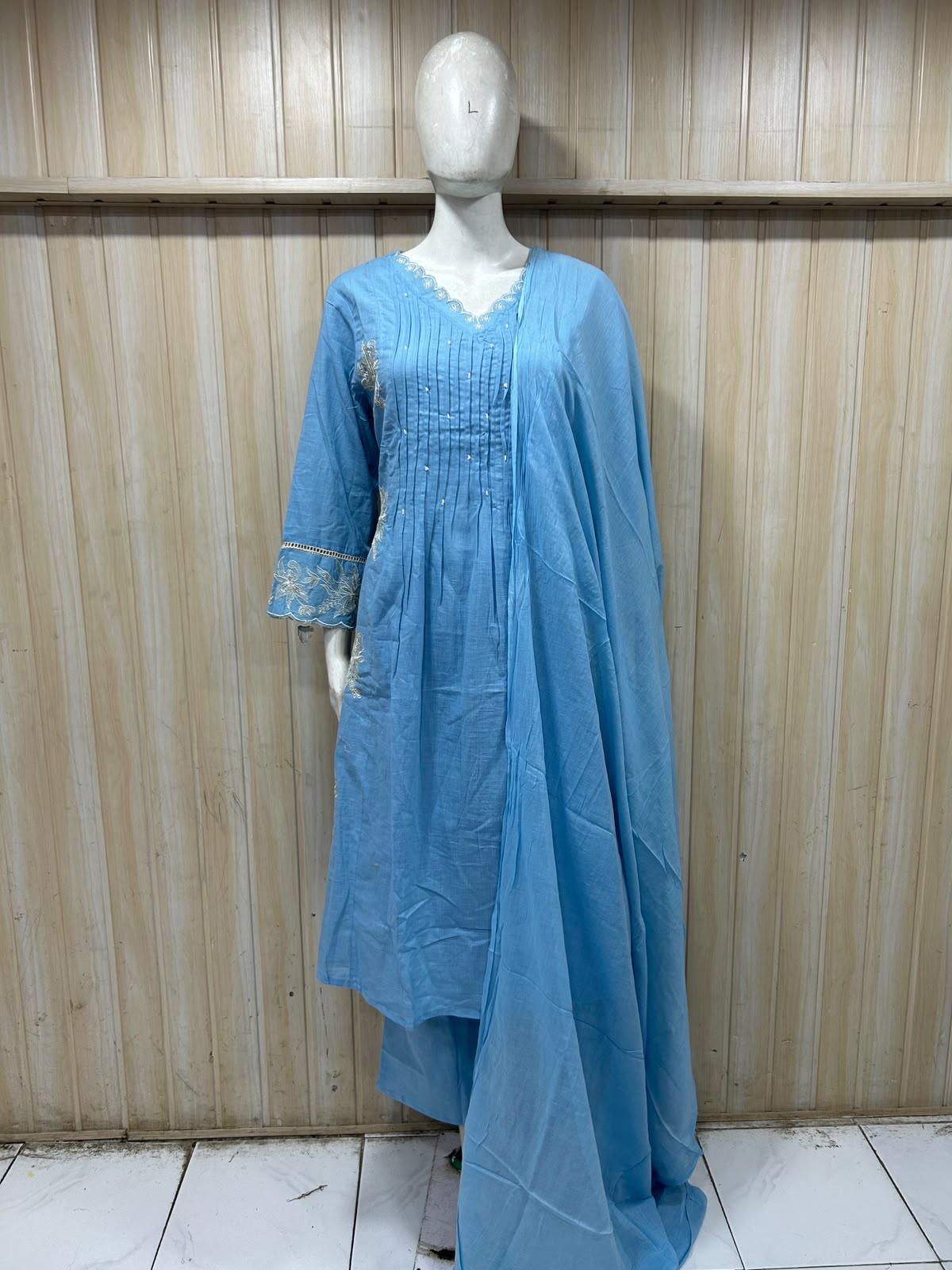 Sky Blue Cotton Embroidered 3-Piece Set