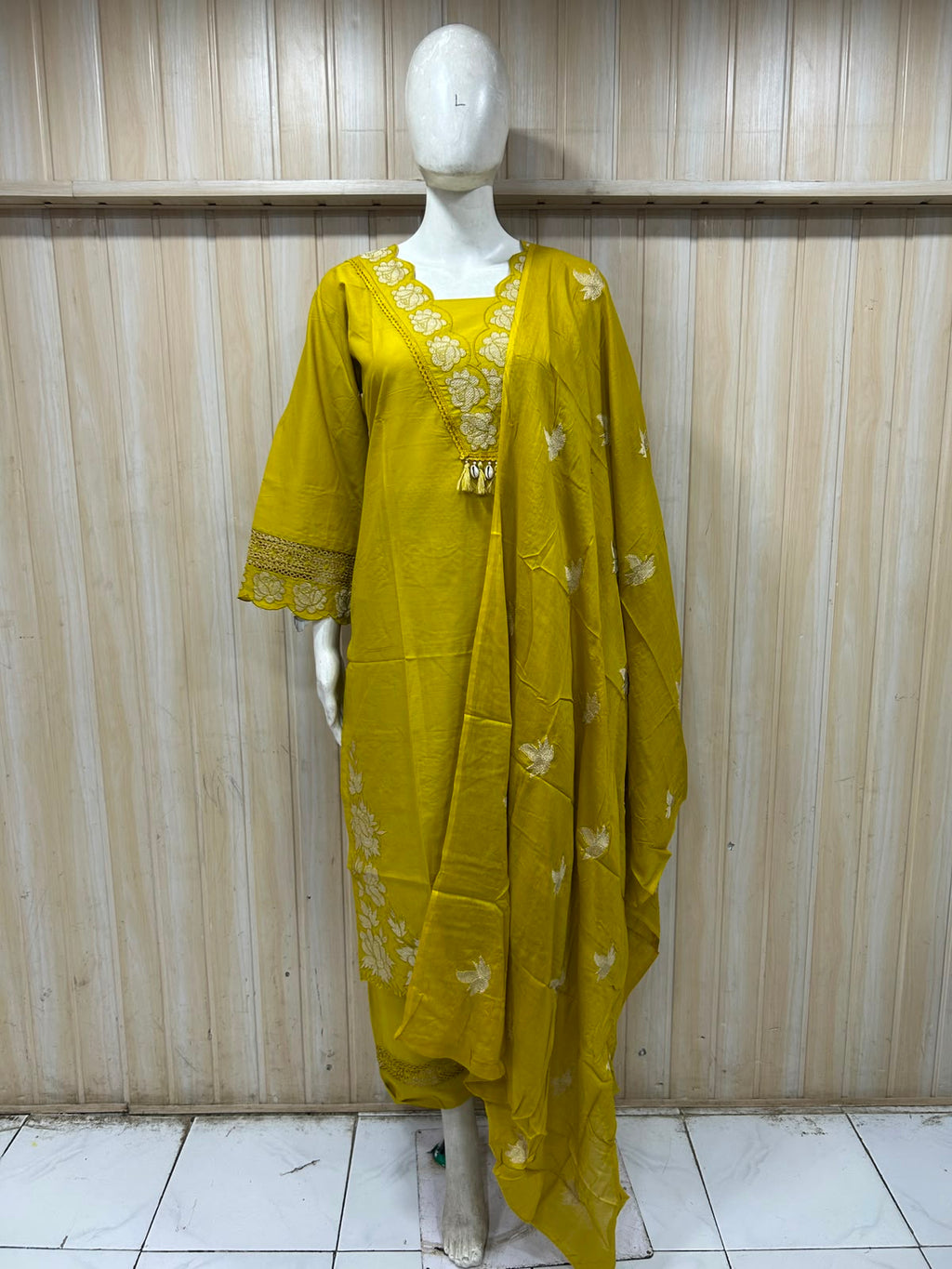 Mustard Yellow Cotton Embroidered 3-Piece Set