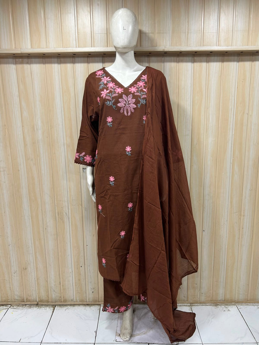Chocolate Brown Cotton Floral Embroidered 3-Piece Set
