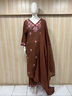 Chocolate Brown Cotton Floral Embroidered 3-Piece Set