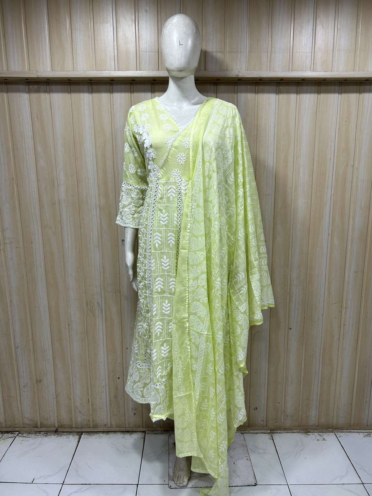 Pastel Lime Green Cotton 3-Piece Set with White Embroidery