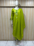 Lime Green Cotton Embroidered 3-Piece Set