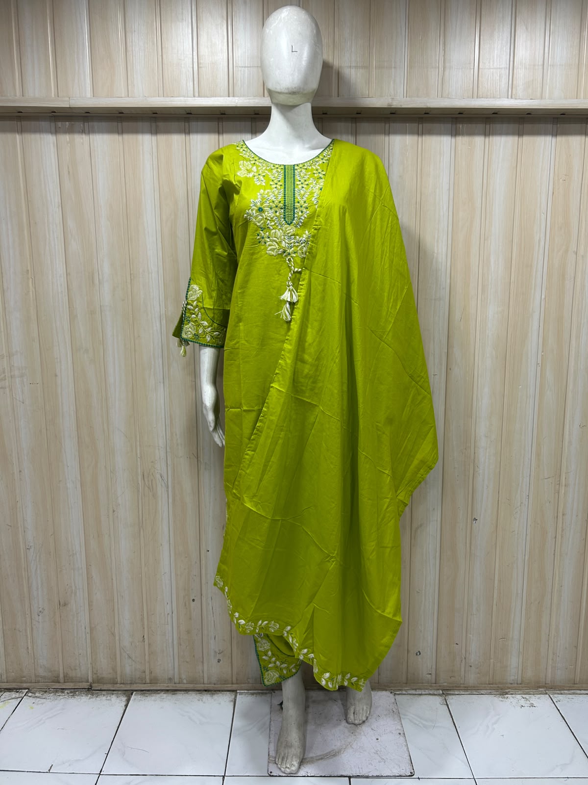 Lime Green Cotton Embroidered 3-Piece Set