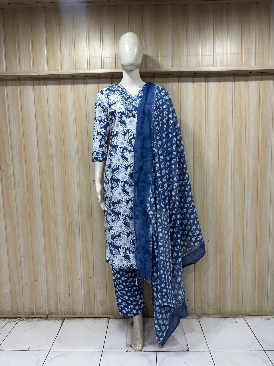 Navy Blue & White Printed Cotton 3-Piece Set with Embroidered Neckline