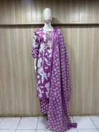 Magenta Purple & White Printed Cotton 3-Piece Set with Embroidered Neckline