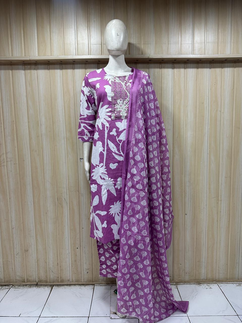 Magenta Purple & White Printed Cotton 3-Piece Set with Embroidered Neckline