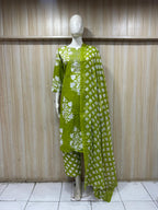 Olive Green & White Printed Cotton 3-Piece Set with Embroidered Neckline