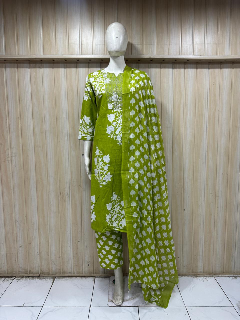 Olive Green & White Printed Cotton 3-Piece Set with Embroidered Neckline