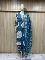 Teal Blue & White Printed Cotton 3-Piece Set with Embroidered Neckline