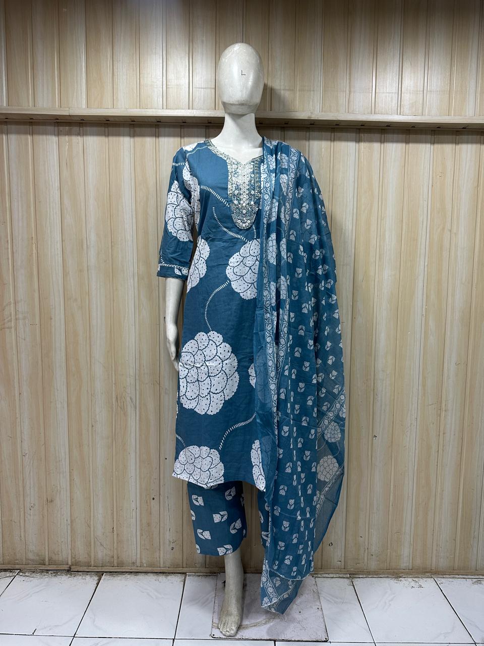 Teal Blue & White Printed Cotton 3-Piece Set with Embroidered Neckline