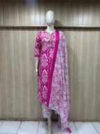 Magenta & White Printed Cotton 3-Piece Set with Embroidered Yoke